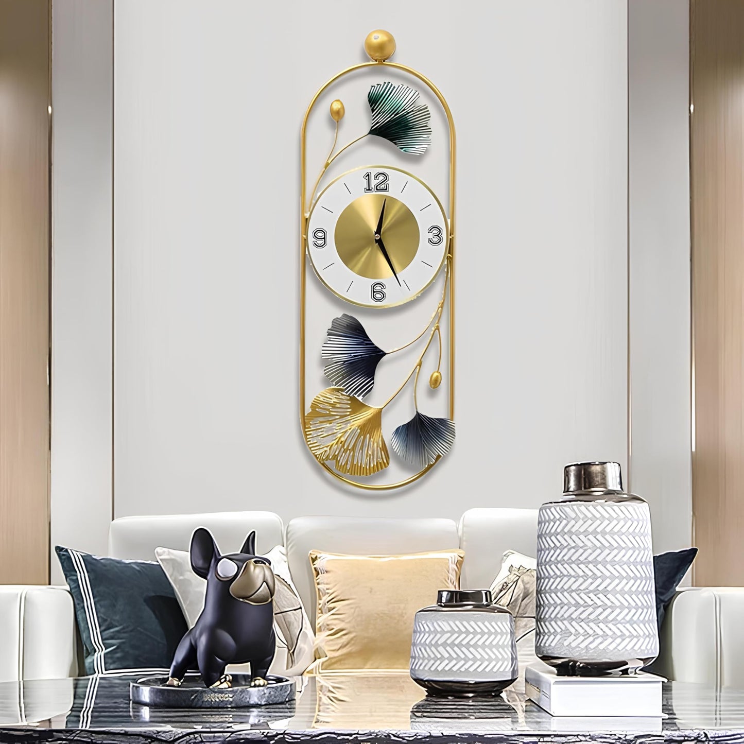 Gingko Leaf Wall Clock - Large Metal Design in Matte Black & Gold