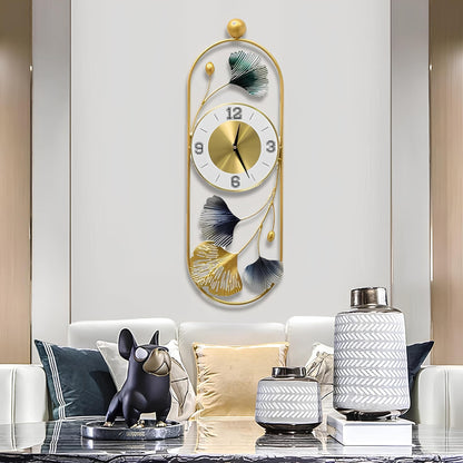 Gingko Leaf Wall Clock - Large Metal Design in Matte Black & Gold