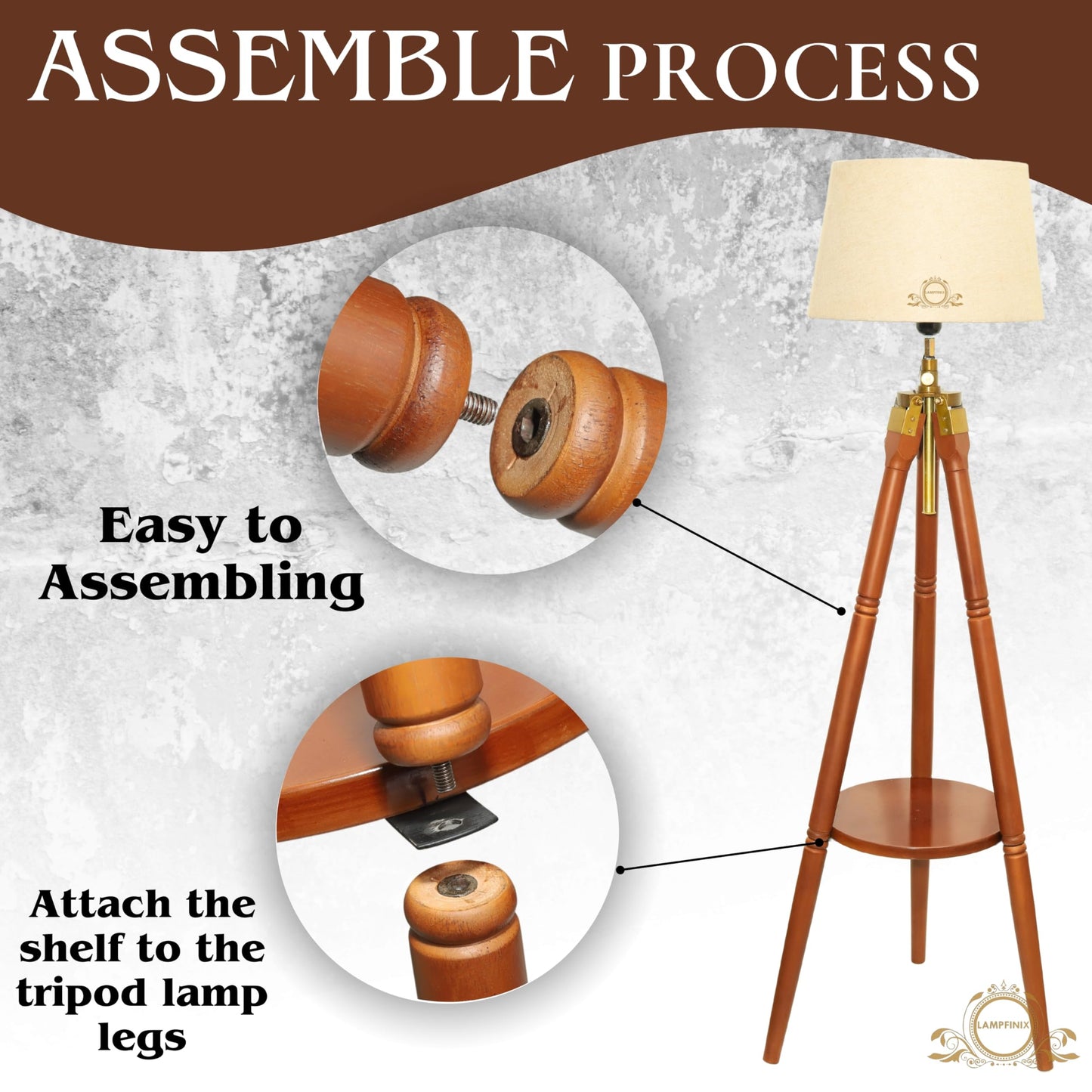 Wooden Tripod Floor Lamp with Beige Shade, Adjustable Height 152 cm, Antique Style, Brown Polished Stand