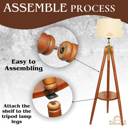 Wooden Tripod Floor Lamp with Beige Shade, Adjustable Height 152 cm, Antique Style, Brown Polished Stand