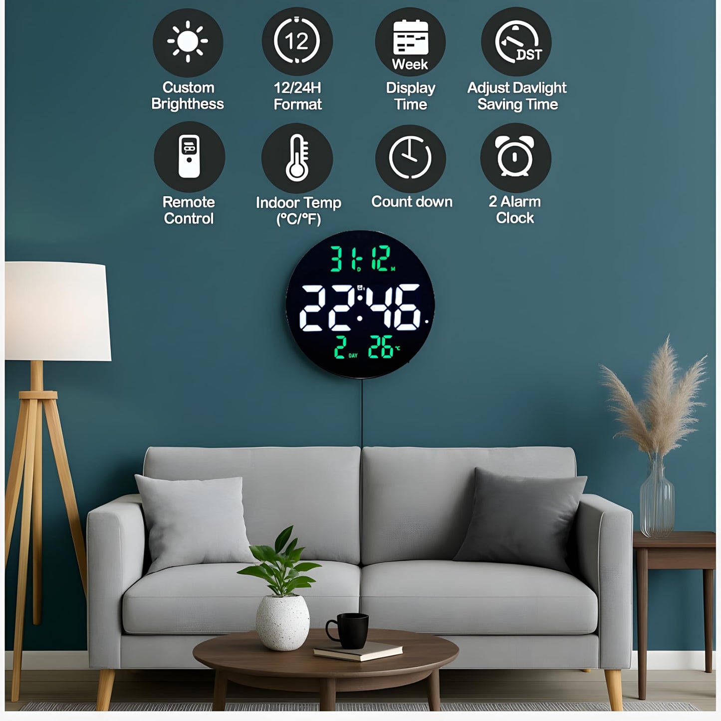 Smart Digital LED Wall Clock with Dual Alarms, 12 Inch, USB Powered, Temperature and Humidity Display