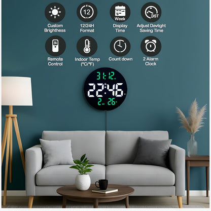 Smart Digital LED Wall Clock with Dual Alarms, 12 Inch, USB Powered, Temperature and Humidity Display