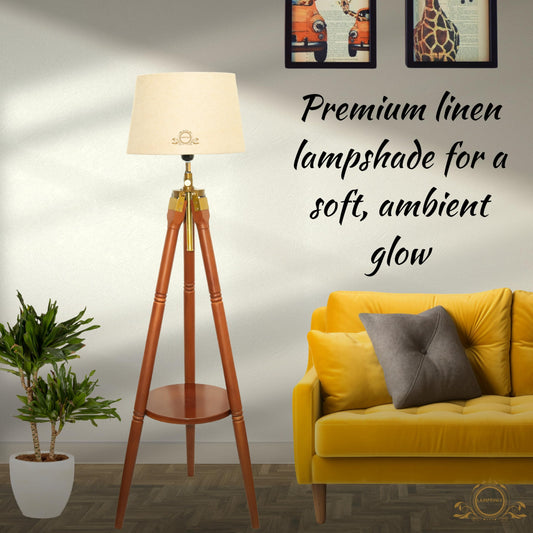 Wooden Tripod Floor Lamp with Beige Shade, Adjustable Height 152 cm, Antique Style, Brown Polished Stand