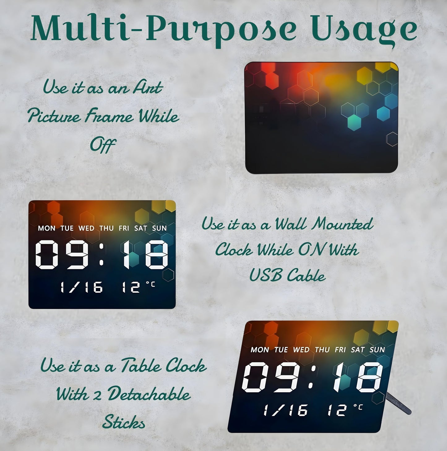 Digital Wall Clock with LED Display, Temperature, Date & Time - 27x20cm, USB Powered