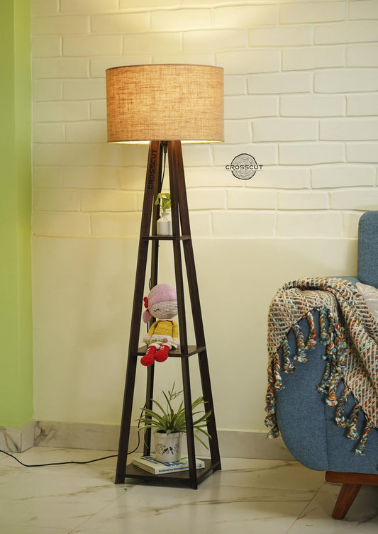 LED Floor Lamp with Shelf in Dark Finish - Wooden, Energy Efficient