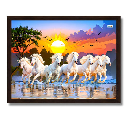 Canvas Painting of 7 Horses with Rising Sun Theme - Modern Art Wall Decor - 10 x 13 Inch