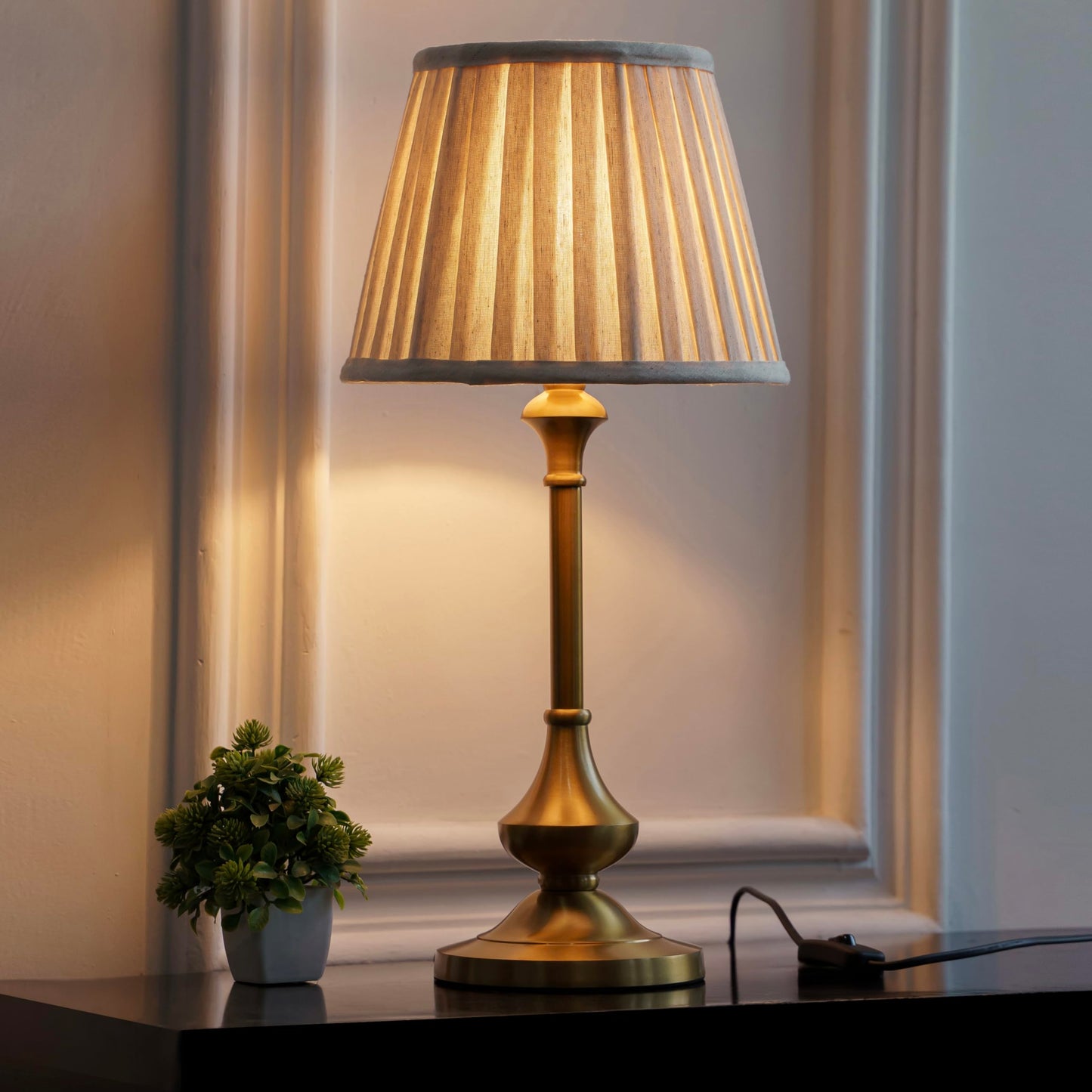 Table Lamp Antique Brass Gold Finish 10 Inch Off White Lampshade LED