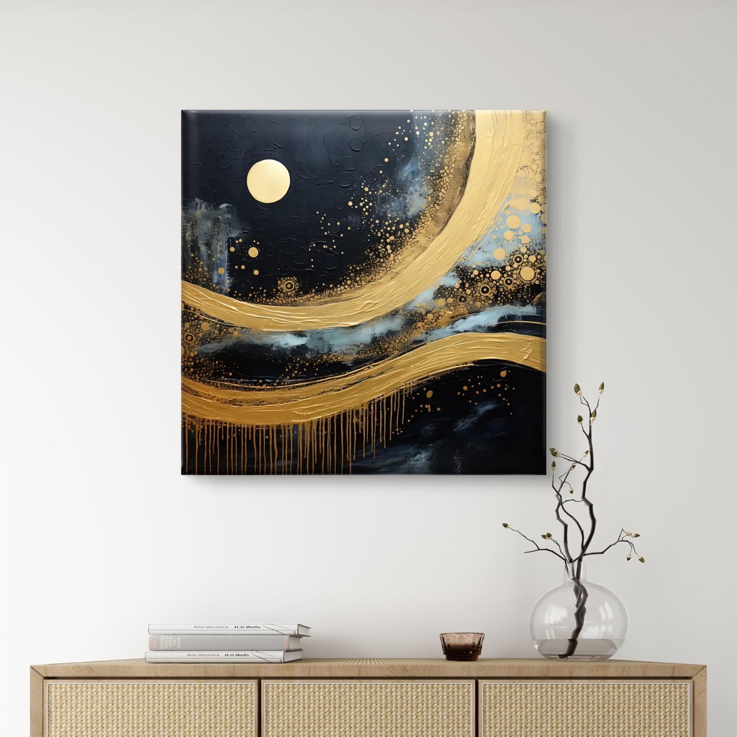 Wall Painting 3D Textured Gold Moon Night Sky Canvas 16 Inch x 16 Inch Navy Blue