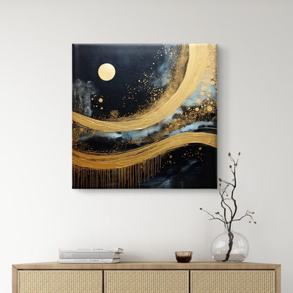 Wall Painting 3D Textured Gold Moon Night Sky Canvas 16 Inch x 16 Inch Navy Blue