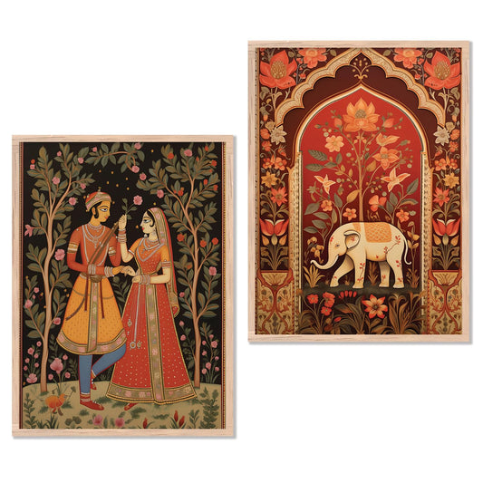 Framed Madhubani Art Painting Set of 2 - Traditional Rajasthani Style - 10 inch x 13 inch - Engineered Wood Frame