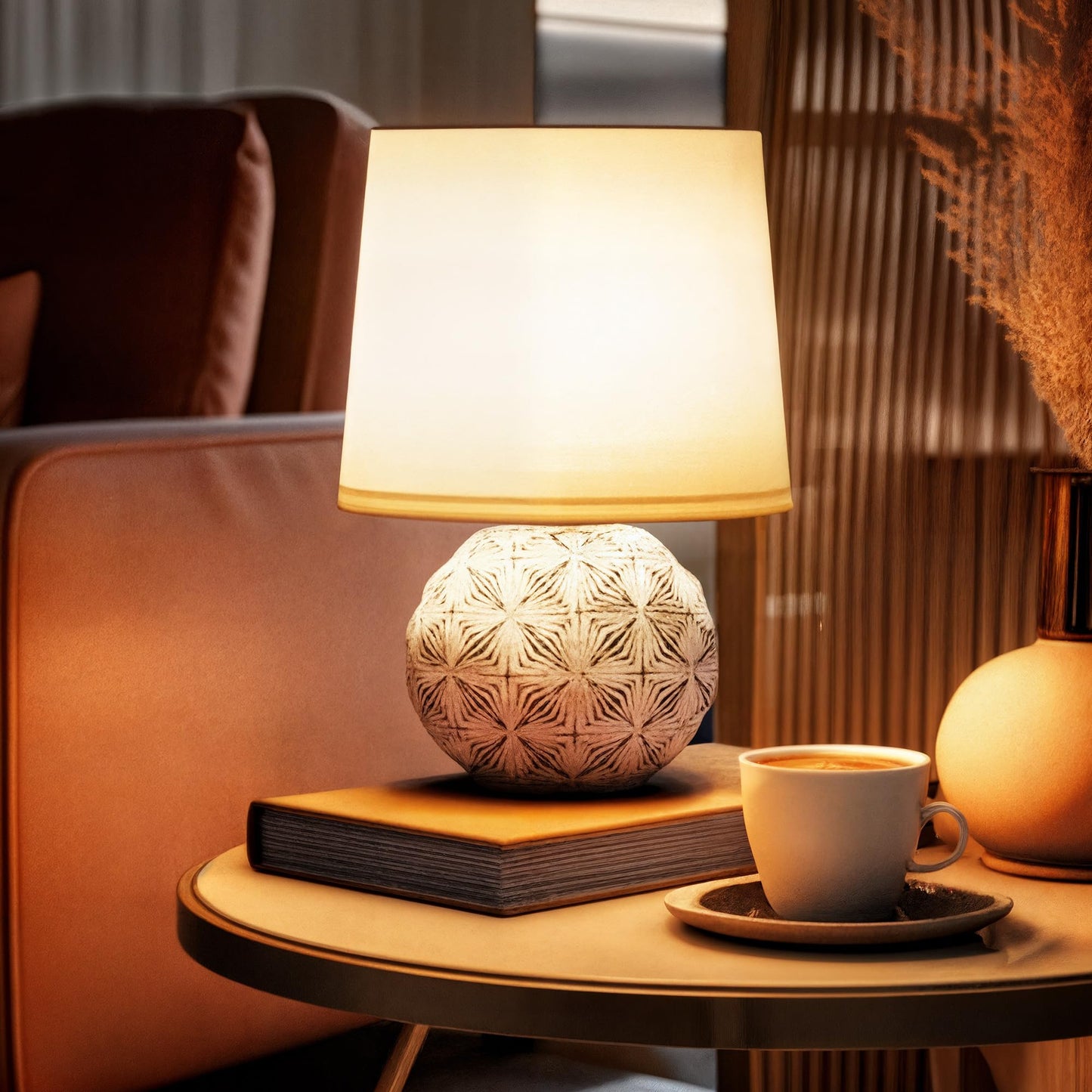 LED Table Lamp with Cotton Shade and Ceramic Base - White - Modern Design