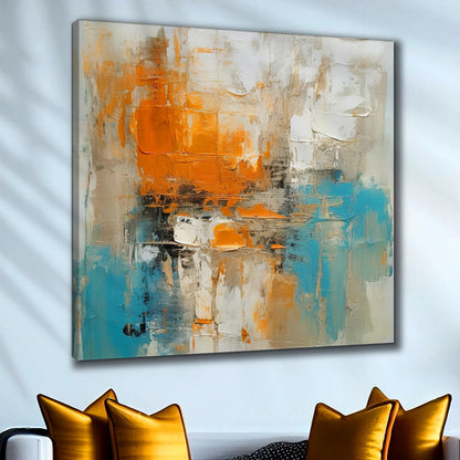 Abstract Canvas Painting with Frame - Orange and Turquoise Textured Art - 24 inch x 24 inch
