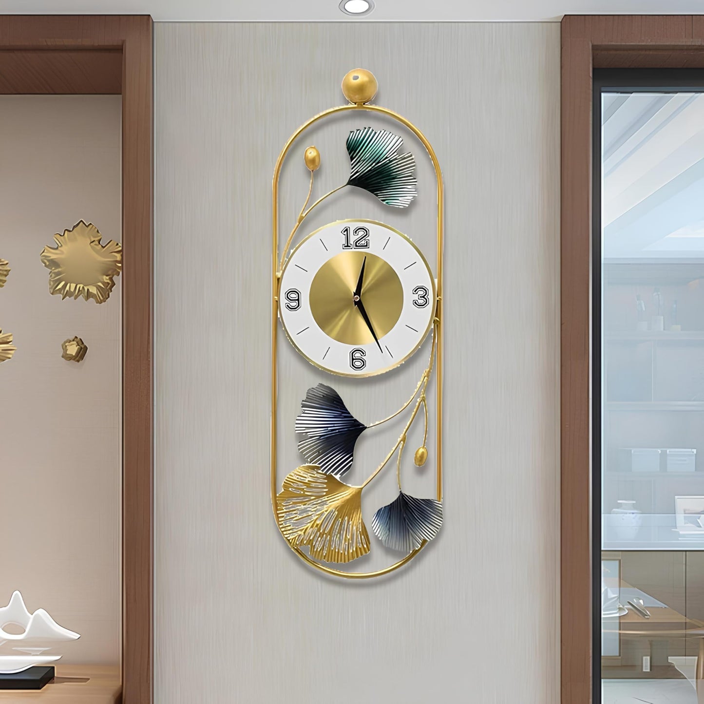 Gingko Leaf Wall Clock - Large Metal Design in Matte Black & Gold