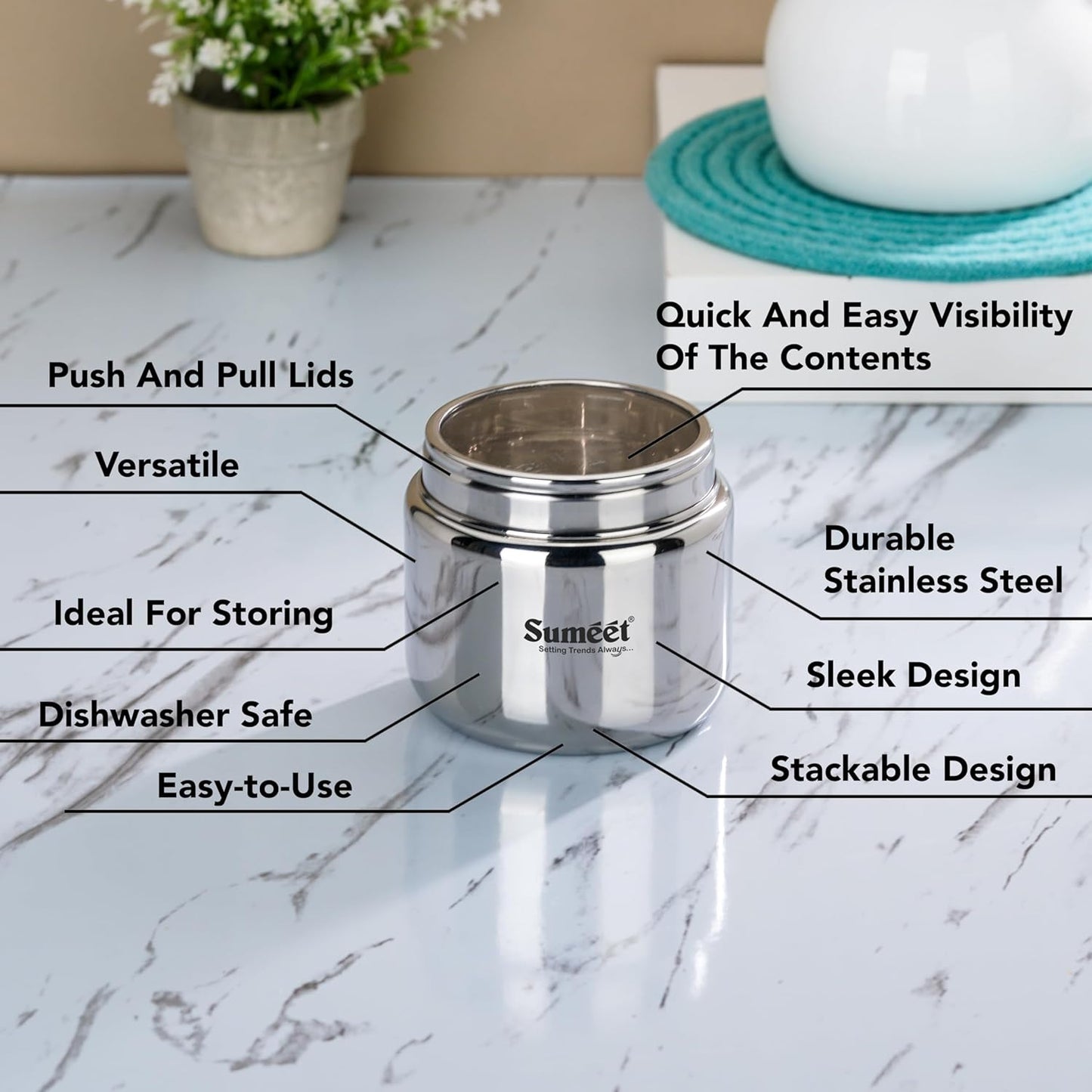 Sumeet Stainless Steel Small Canisters/Dabba/Storage Containers for Kitchen with Lid, Set of 6 Pcs, 400ml Each, 9cm Dia, Silver