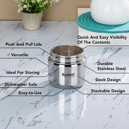 Sumeet Stainless Steel Small Canisters/Dabba/Storage Containers for Kitchen with Lid, Set of 6 Pcs, 400ml Each, 9cm Dia, Silver