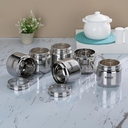 Sumeet Stainless Steel Small Canisters/Dabba/Storage Containers for Kitchen with Lid, Set of 6 Pcs, 400ml Each, 9cm Dia, Silver