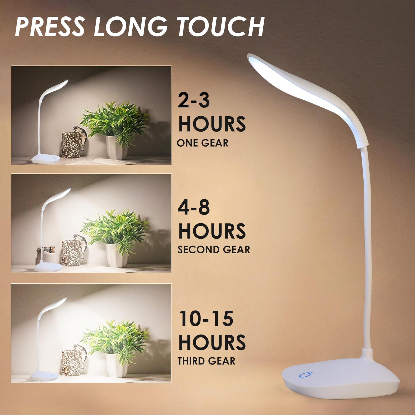 LED Table Lamp with 3 Brightness Levels - White - Rechargeable - Minimalist Design - Portable Study Light