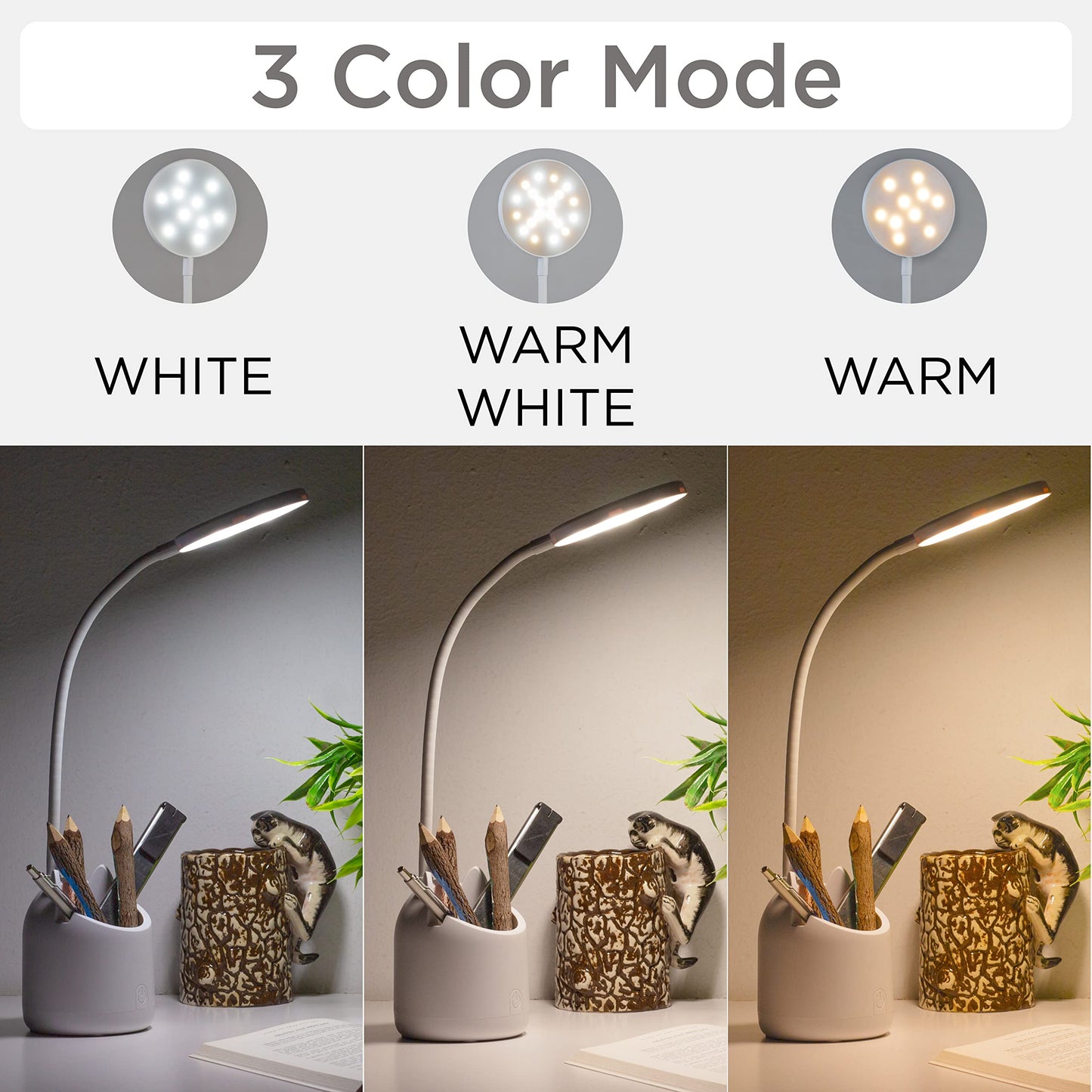 LED Table Lamp with 3 Colour Modes, Plastic, White, Adjustable Gooseneck