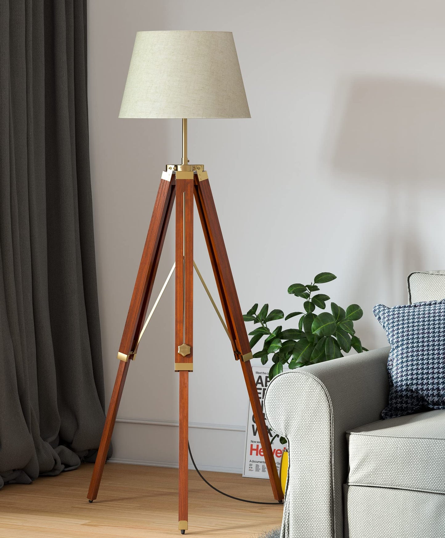 LED Floor Lamp Adjustable Height Wooden Tripod Design Brown Polished Brass 5Ft