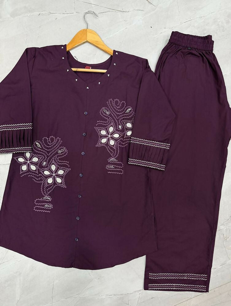 Teeya Creation Wine Embroidered Cotton Co-ord Set for Women
