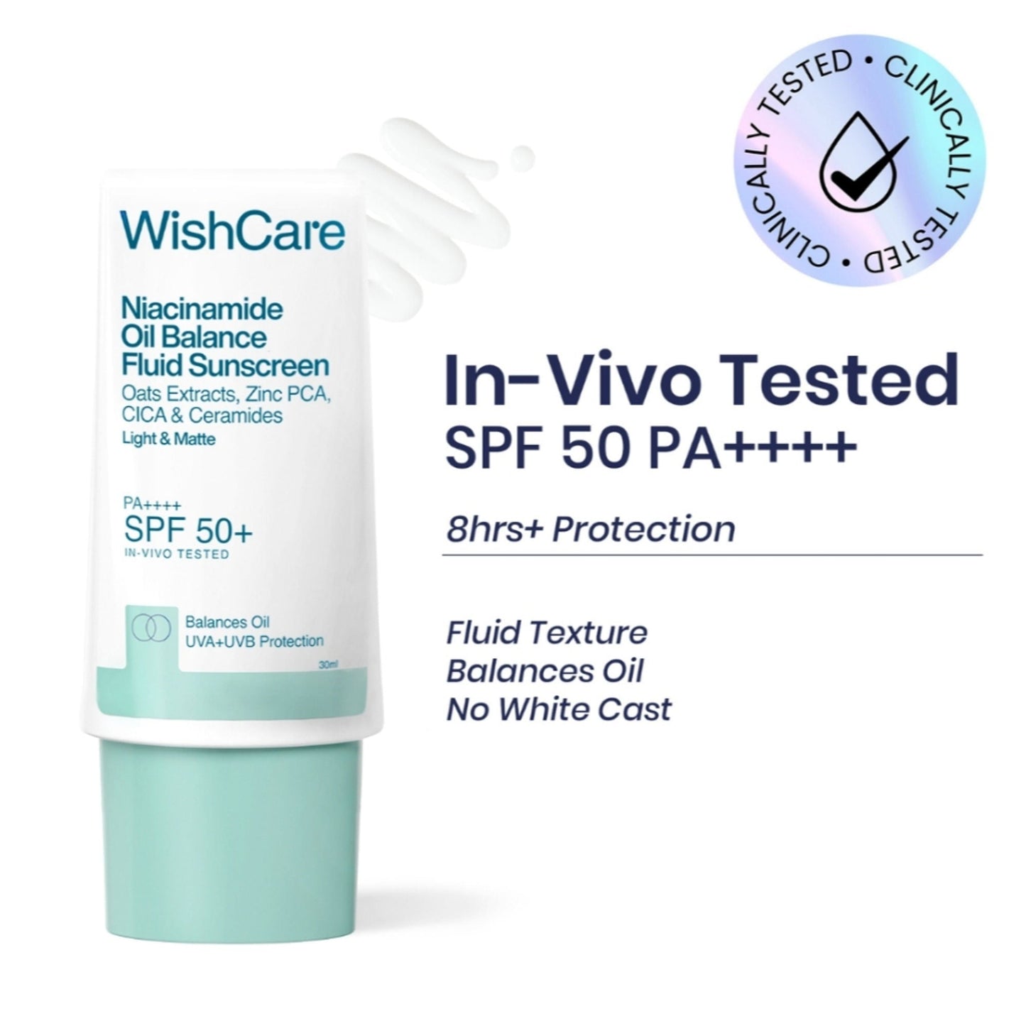 WishCare Niacinamide Oil Balance Fluid Face Sunscreen for Oily Skin with SPF50 PA++++ In-Vivo Tested