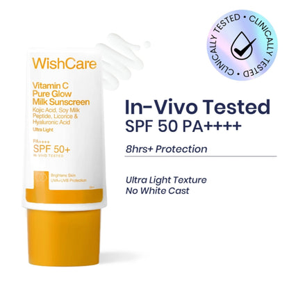 WishCare Vitamin C Pure Glow Brightening Face Sunscreen for Dry Skin with SPF50 PA++++In-Vivo Tested