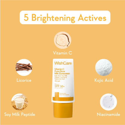 WishCare Vitamin C Pure Glow Brightening Face Sunscreen for Dry Skin with SPF50 PA++++In-Vivo Tested