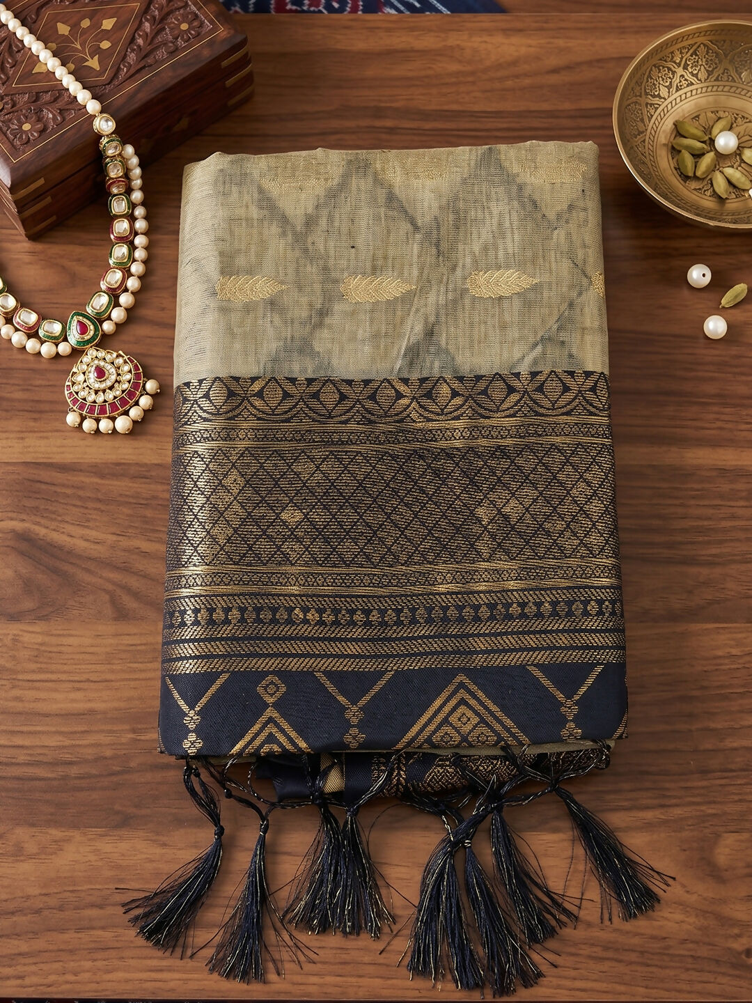 Shree Shyam Fashion Chiku With Black Cotton Saree