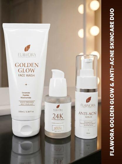 Flawora Set of Golden Glow Face Wash, Anti Acne Serum and 24k Golden Glow Face Serum