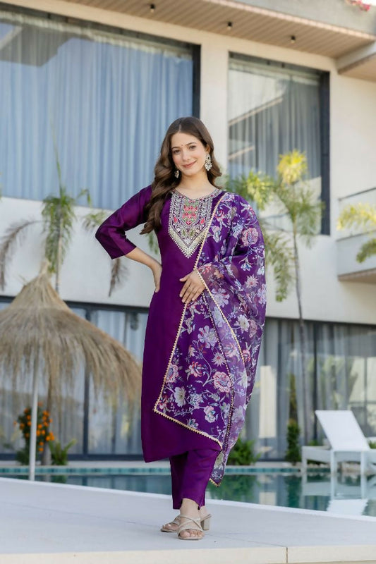 The52 Women's Gorgeous Embroidery Work Chanderi Cotton Fabric Straight Kurta Pant and Dupatta Set