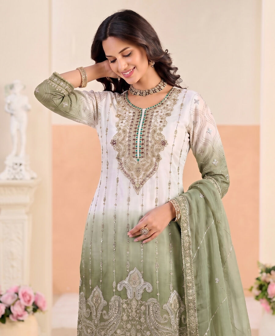 KC Designer Green Ombre Straight Suit For Women With Hand Embroidery