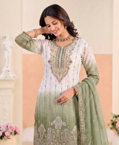 KC Designer Green Ombre Straight Suit For Women With Hand Embroidery