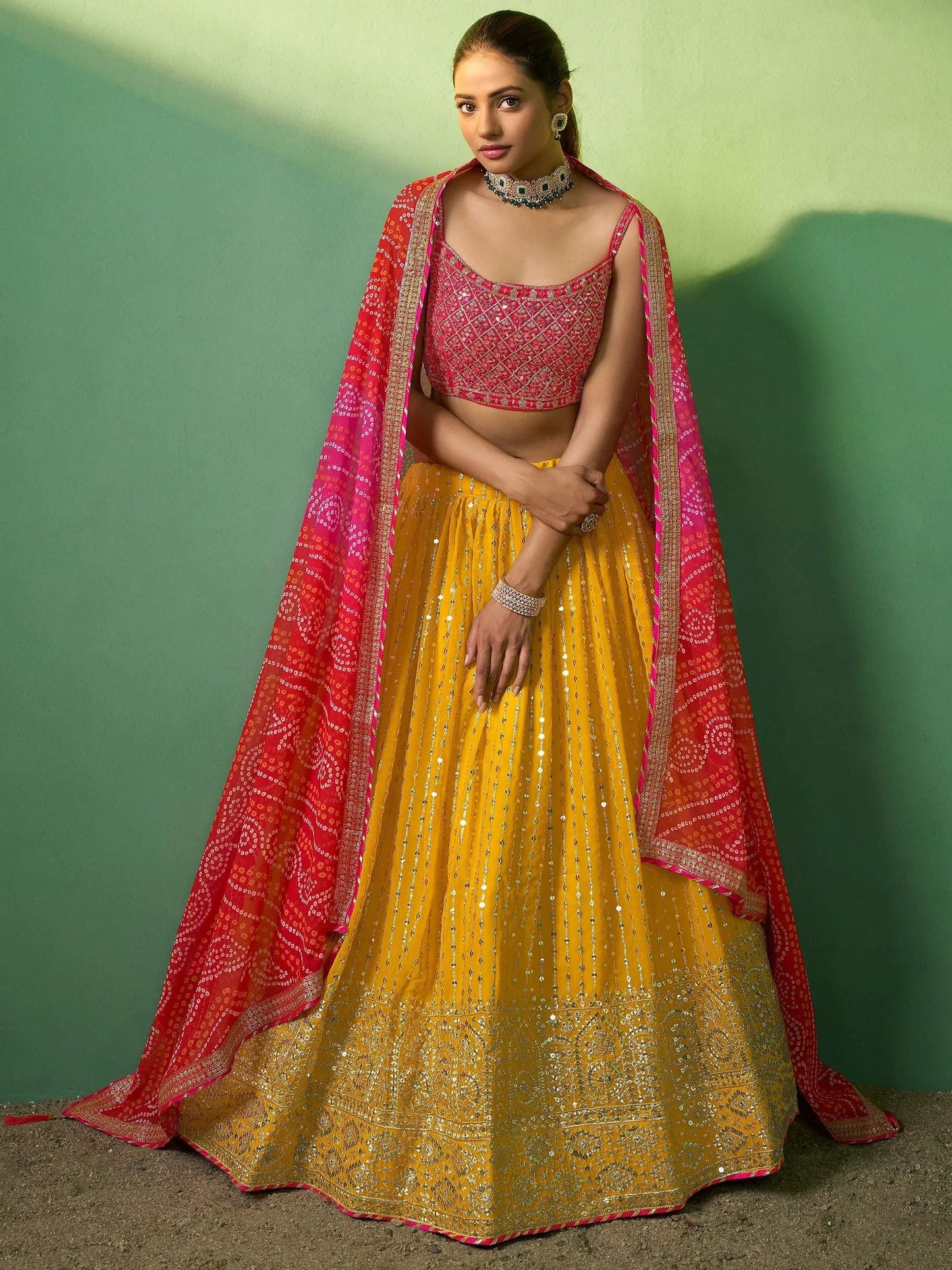 Tulsi Art Alluring Yellow Sequins Georgette Haldi Wear Lehenga Choli With Dupatta