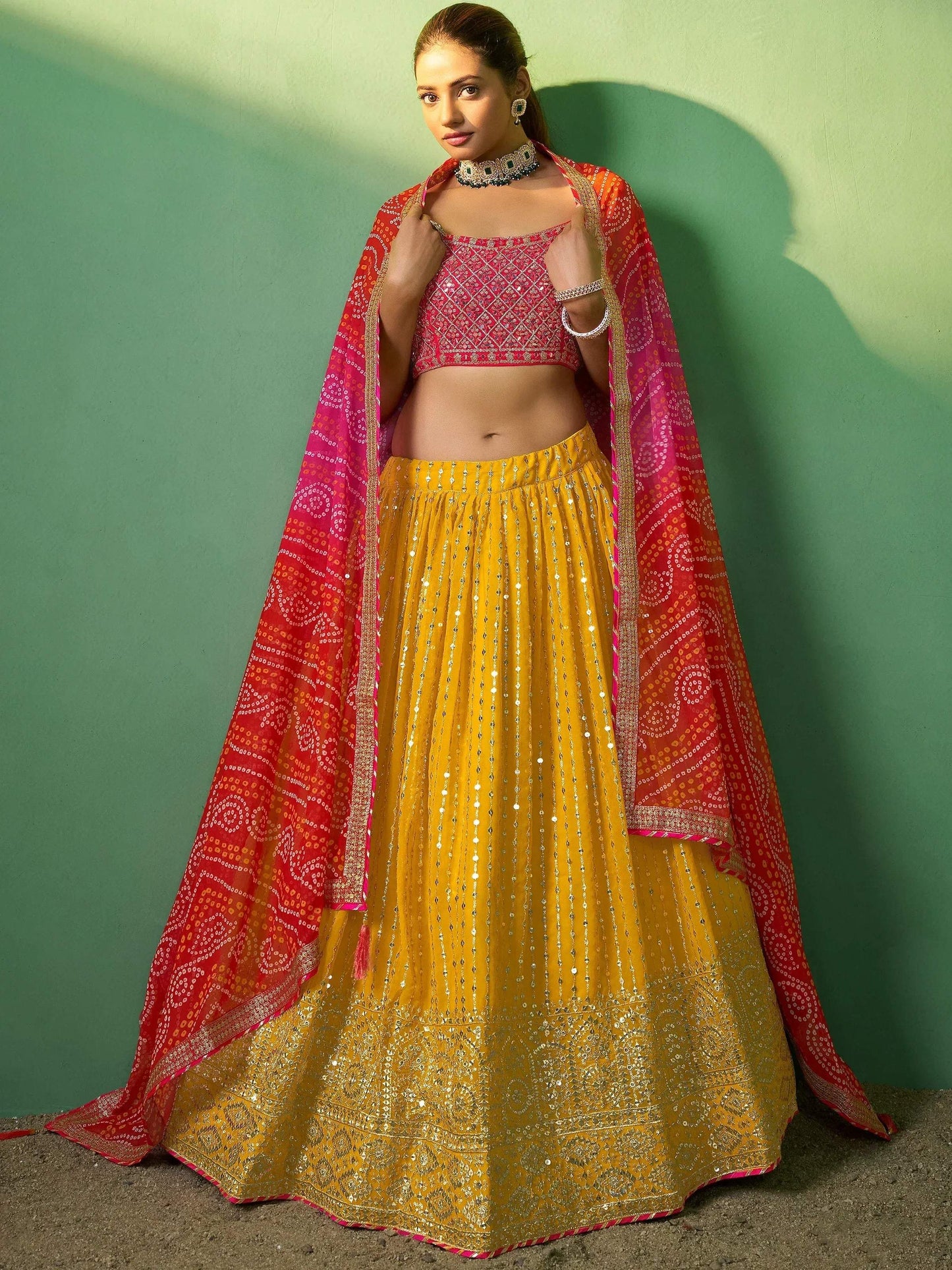 Tulsi Art Alluring Yellow Sequins Georgette Haldi Wear Lehenga Choli With Dupatta