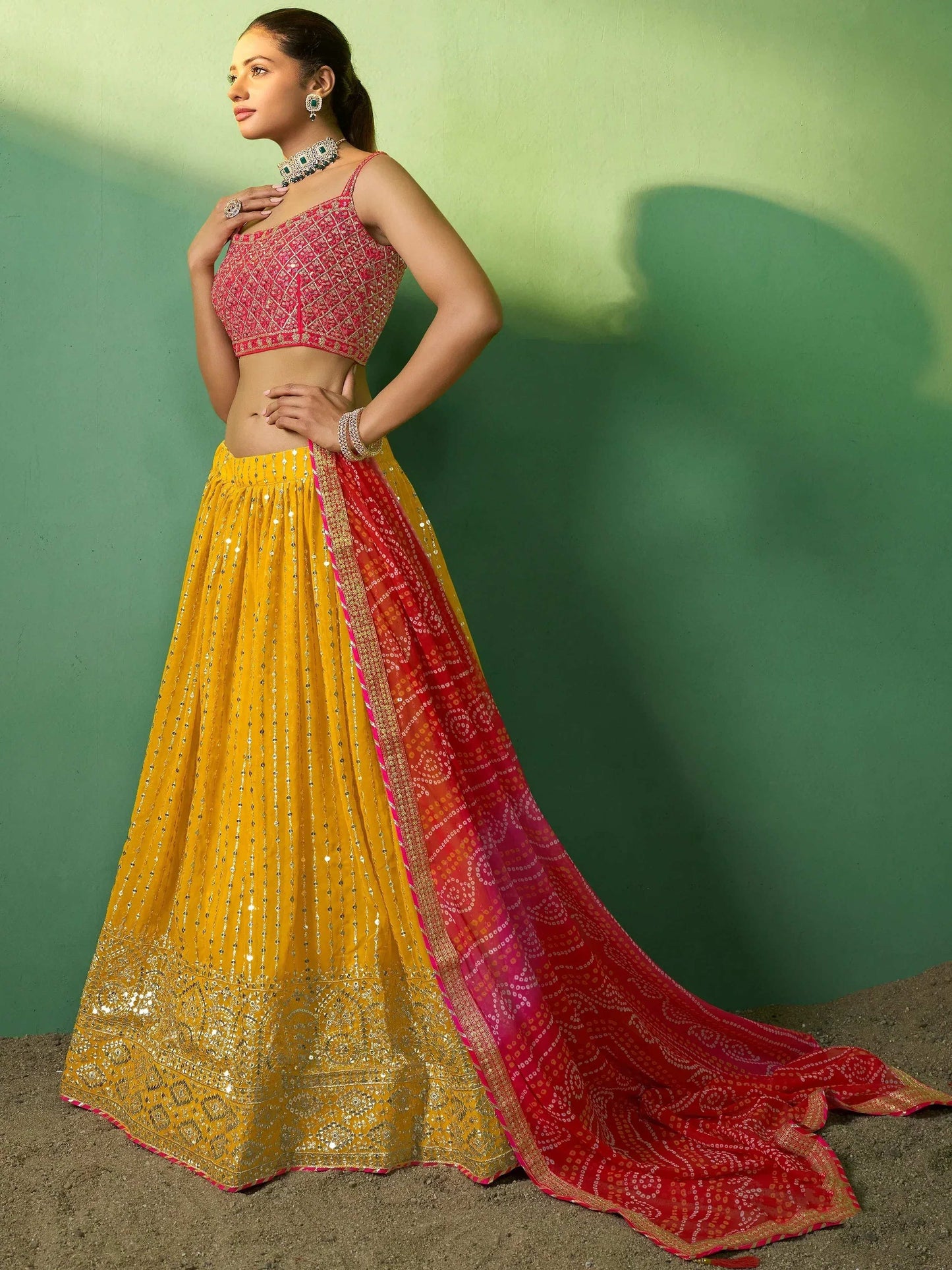Tulsi Art Alluring Yellow Sequins Georgette Haldi Wear Lehenga Choli With Dupatta