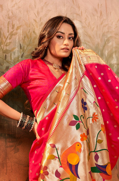 Anaita Pink Designer Zari Weaving Pure Paithani Silk Saree With Blouse