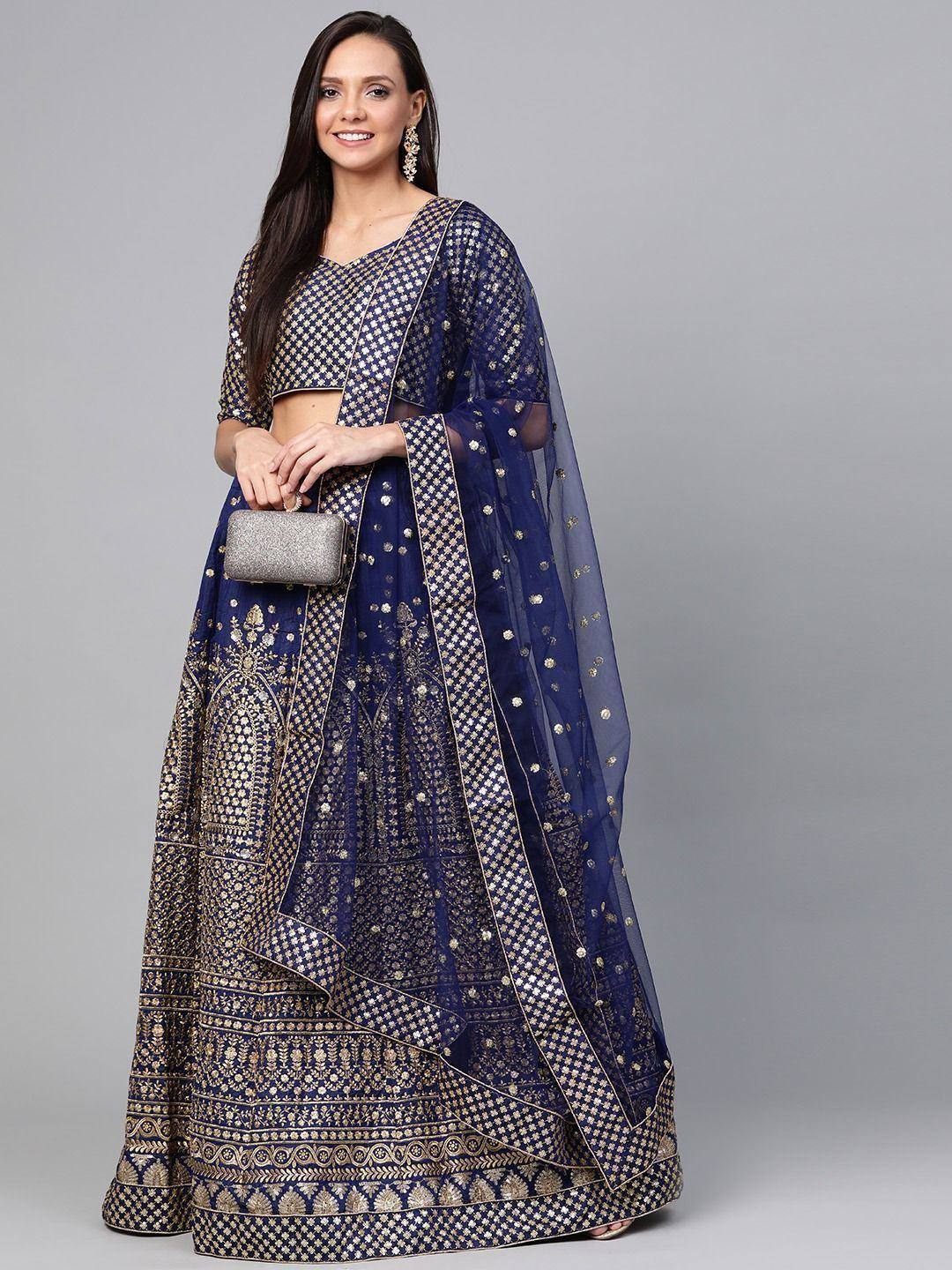 Tulsi Art Navy Blue Embroidered Semi-Stitched Myntra Lehenga & Unstitched Blouse With Dupatta