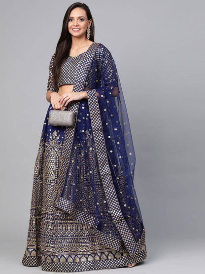 Tulsi Art Navy Blue Embroidered Semi-Stitched Myntra Lehenga & Unstitched Blouse With Dupatta