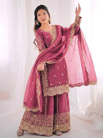 Teeya Creation Womens New Trendy Embroidery Coding And Sequence Work Pink Kurta Set