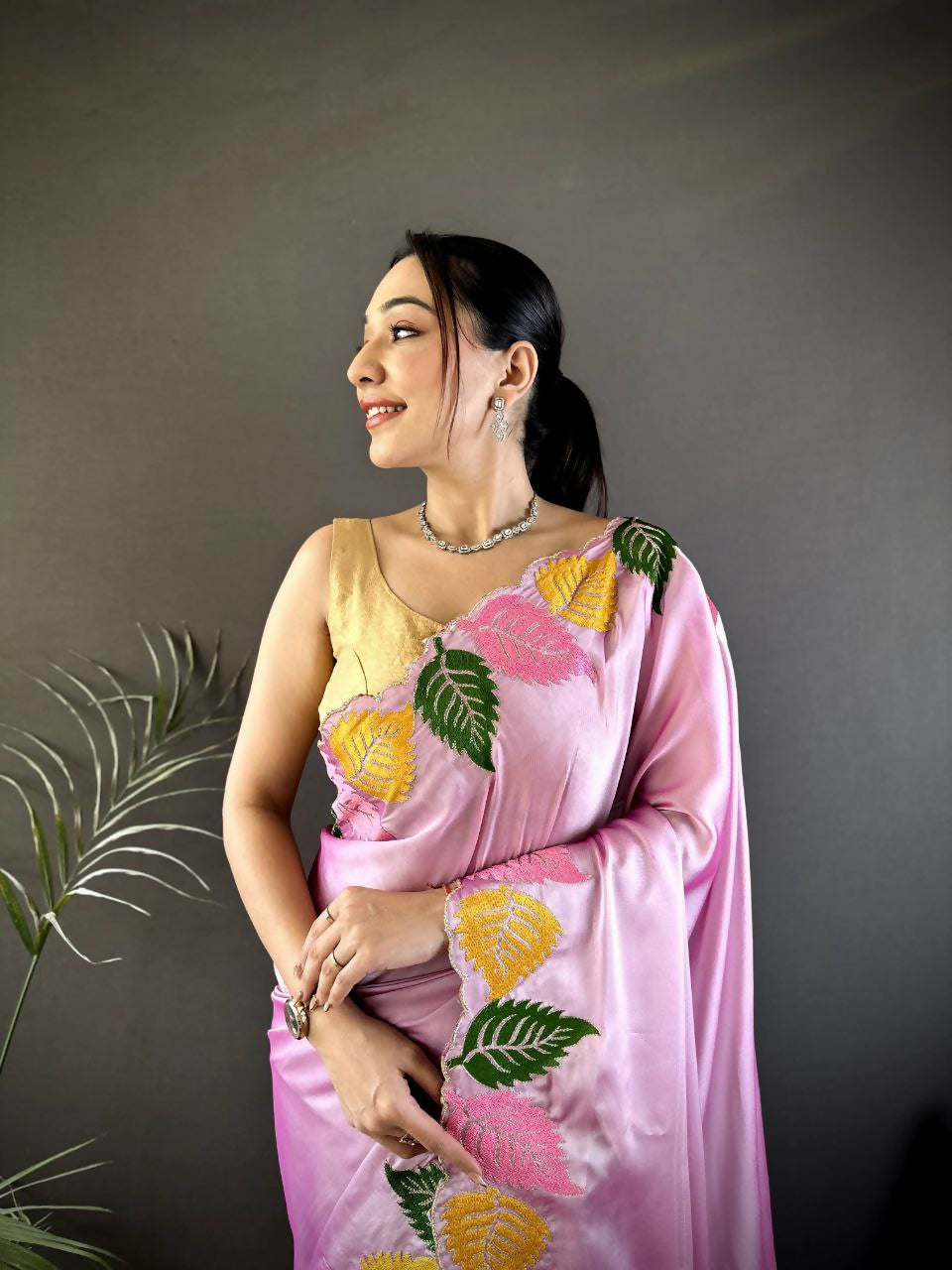 Prime Volt Multicolor Leaf Embroidery Rangoli Silk Saree with Scalloped Border-Pink