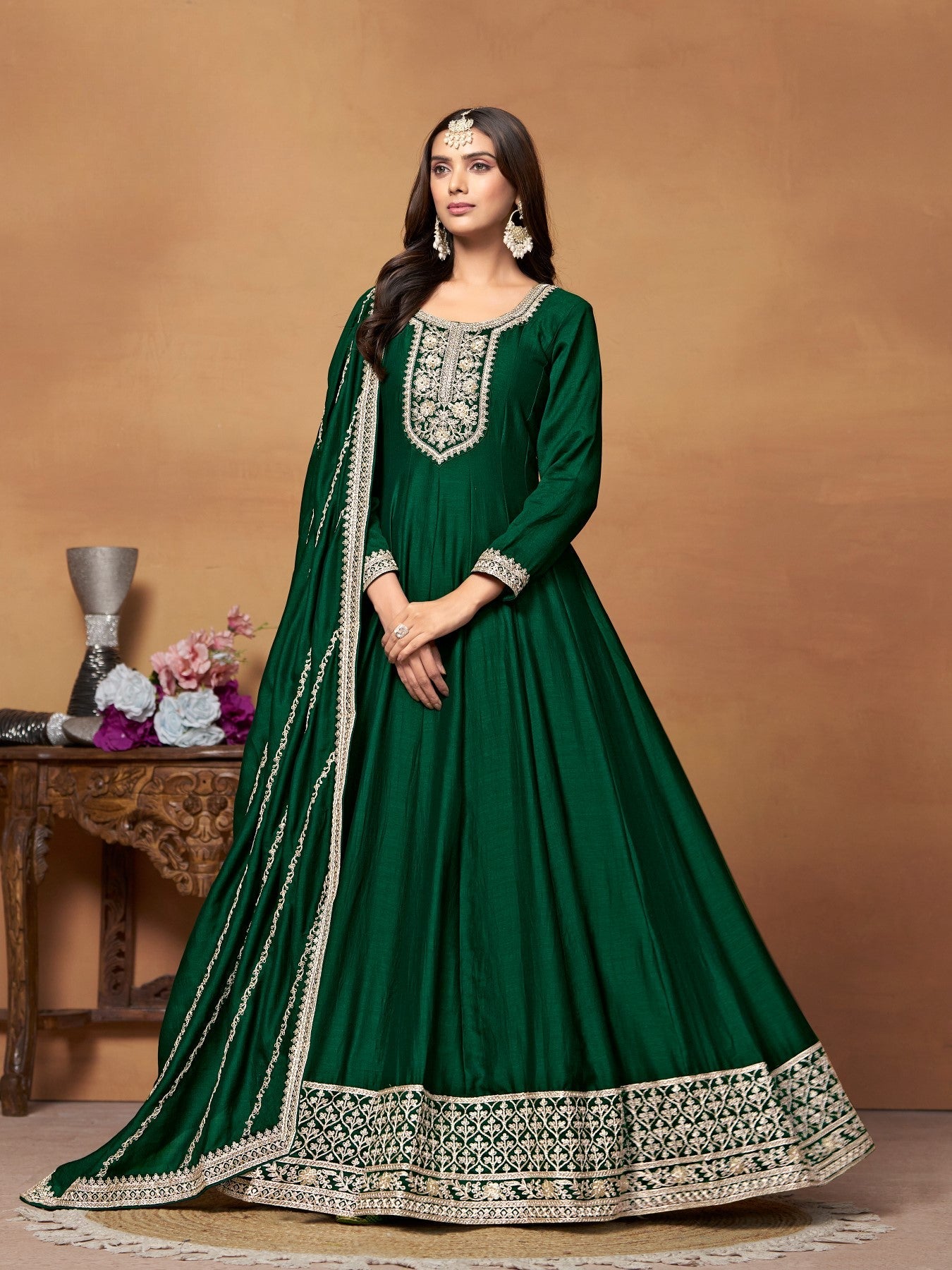 Anaita Green Embroidered Art Silk Anarkali Suit