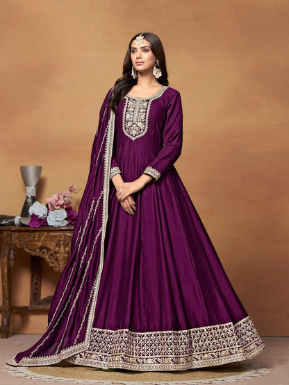 Anaita Wine Embroidered Art Silk Anarkali Suit