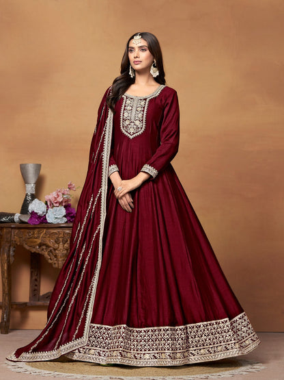 Anaita Maroon Embroidered Art Silk Anarkali Suit