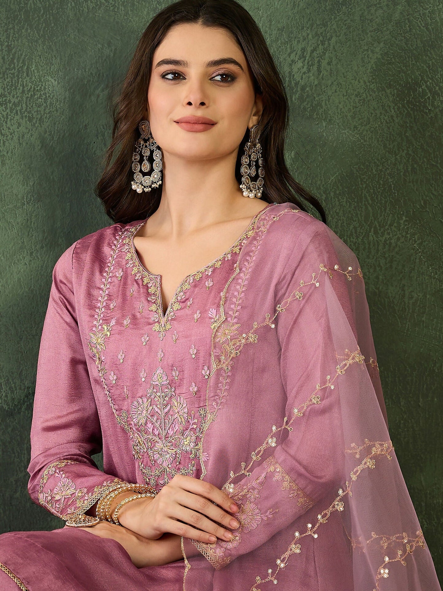 The52 Women's Gorgeous Embroidery Work Viscose Silk Fabric A-line Kurta Sharara and Dupatta Set-Onion