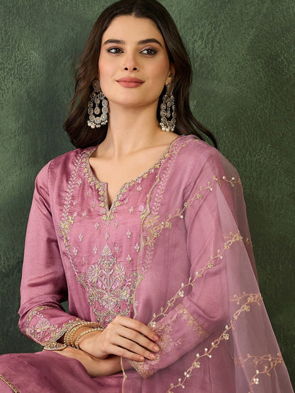The52 Women's Gorgeous Embroidery Work Viscose Silk Fabric A-line Kurta Sharara and Dupatta Set-Onion