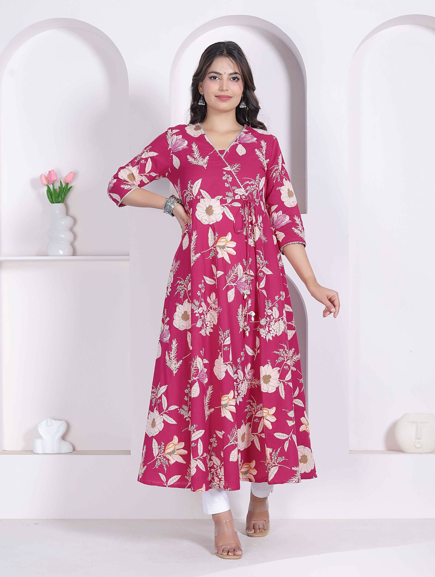 Miravan Womens Pink Floral Printed Angrakha Kurta
