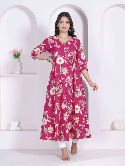 Miravan Womens Pink Floral Printed Angrakha Kurta