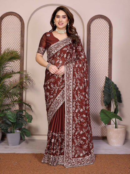 Teeya Creation New Trendy Stylish Party Wear Silk Saree-Brown