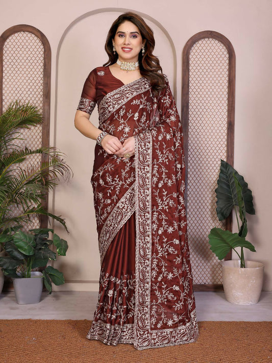 Teeya Creation New Trendy Stylish Party Wear Silk Saree-Brown