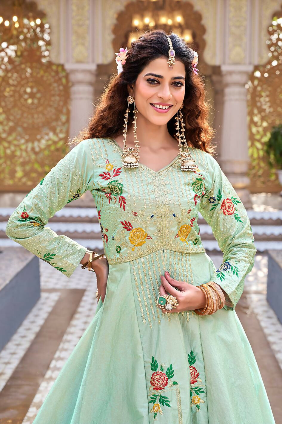 Teeya Creation Womens New Simply Wear Embroidery Sequence With Thread Work Light-Green Gown Set